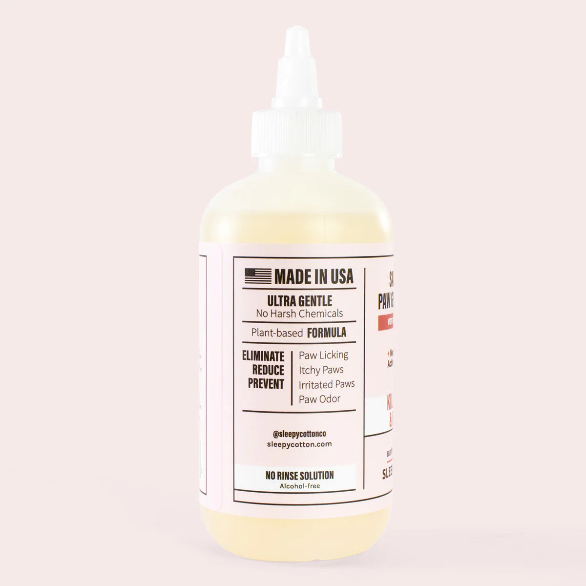 The AFTERWALK SANITIZING PAW GEL by SLEEPY COTTON features a nozzle cap and contains 8.8 fl oz (250 ml). The label highlights "Vet Recommended," "Medical Grade Active Ingredient," and effectively combats paw issues due to bacterial and yeast overgrowth.