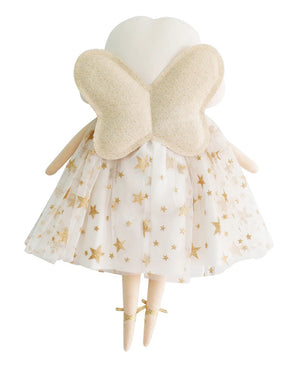 Introducing the ALIMROSE - WILLOW FAIRY DOLL by ALIMROSE: This enchanting plush fairy doll features a serene expression, white wings trimmed with gold, and a star-adorned dress. Adorned with white hair accented by a golden headband and bow, and wearing gold ballet shoes, this ethereal beauty makes an exquisite addition to nursery decor or a special gift for any little one.