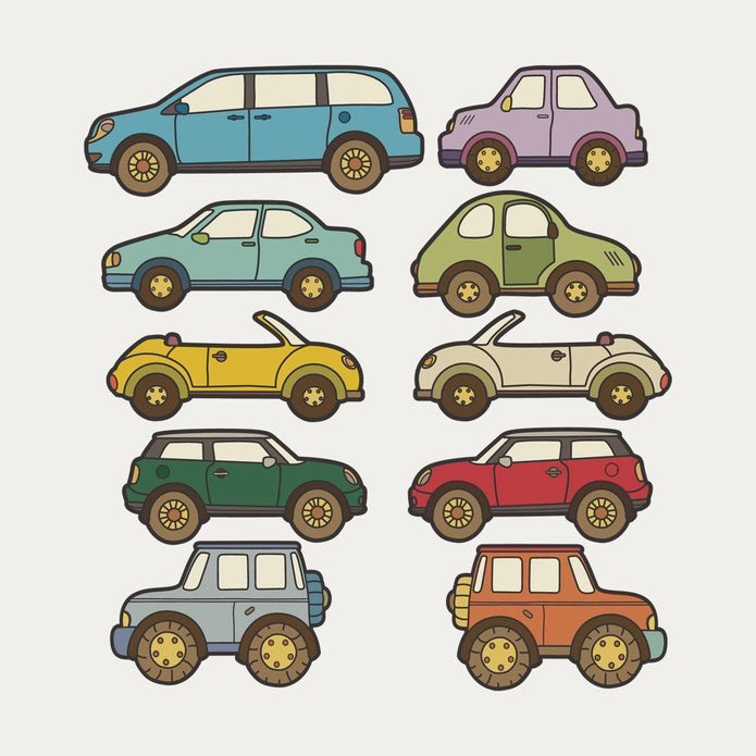 A child&#39;s room featuring a white crib-like bed, blue chair, and carpet showcasing a brown, white, and orange circular pattern. SIMPLE SHAPES - CAR REMOVEABLE WALL DECALS by SIMPLE SHAPES in various colors are adhered to the wall above the bed. A blue toy car is positioned on the floor near the bed.