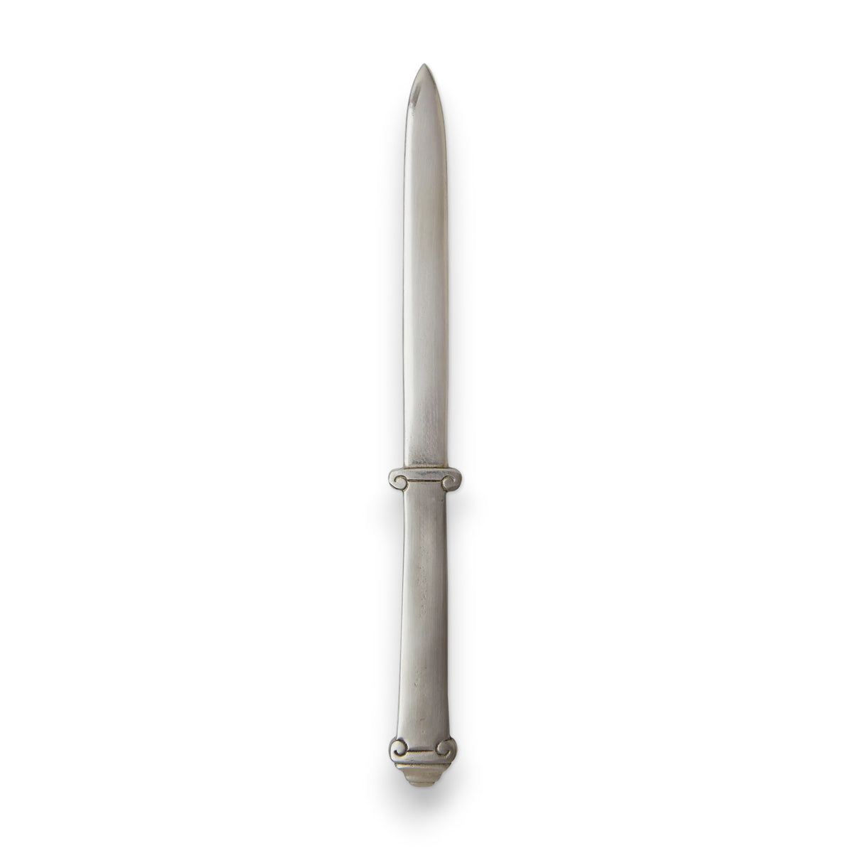 The MATCH - IONIC PEWTER LETTER OPENER by MATCH features a smooth, slightly rounded handle and a pointed end, shown vertically on a white background—a perfect office accessory.