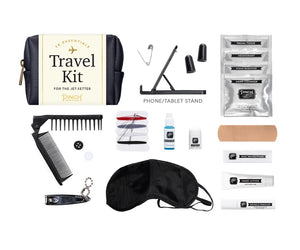 The PINCH PROVISIONS - Unisex Travel Kit from PINCH PROVISIONS, contains various travel accessories including a black sleep mask, comb, nail clipper, safety pin, thread and needle set, earplugs, deodorant wipes, face tissues, breath drops, hand lotion, bandage, and a phone/tablet stand.