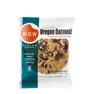 A packaged cookie labeled "WOW Baking - Gluten Free Oregon Oatmeal Cookie" from the WOW Baking Company. The packaging highlights that these bite-size cookies are wheat and gluten-free, made with natural ingredients, GMO-free, and certified gluten-free. The package weighs 2.75 oz (78g).