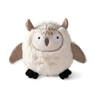 The PET SHOP BY FRINGE STUDIO's WHOOOO'S THERE OWL DOG TOY is a plush owl made from sustainable, recycled materials. This eco-friendly toy features biodegradable hemp, a TPR spiky squeaky ball, organic cotton faux fur, crazy crinkle paper, jute, non-toxic cotton canvas, and recycled water bottle fill.