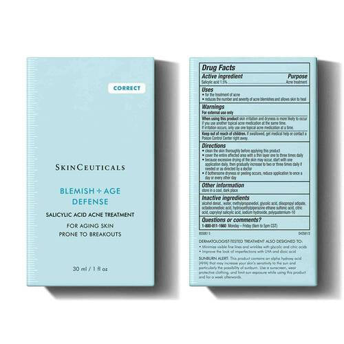 An amber glass dropper bottle with a black cap, labeled "SKIN CEUTICALS - BLEMISH AGE DEFENSE." This salicylic acid face serum is designed as an acne treatment for aging skin prone to breakouts. The label specifies the product volume as 30ml or 1 fl oz.