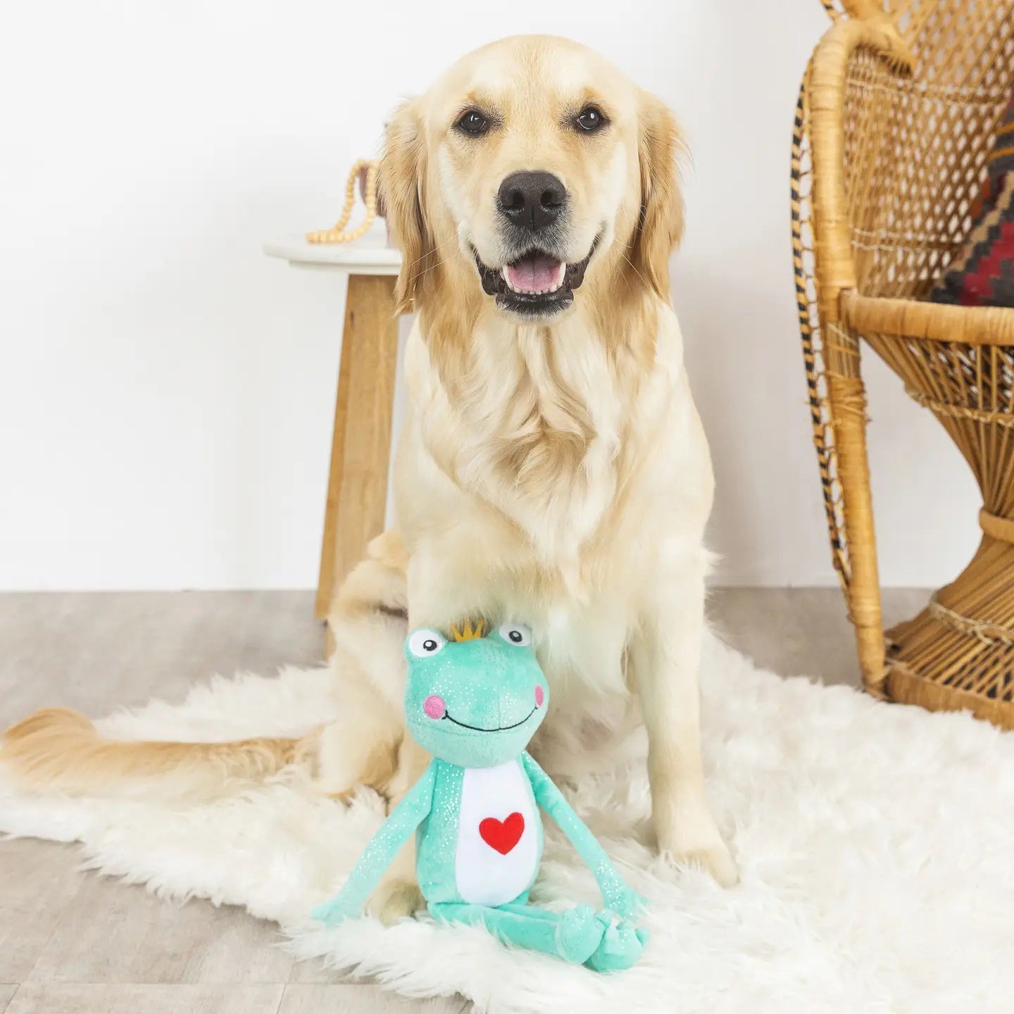 The PET SHOP BY FRINGE STUDIO's PRINCE CHARMING DOG TOY is a plush frog with a yellow crown, white belly, red heart on its chest, long limbs, and a smiling face. It includes crazy crinkle paper for extra fun.