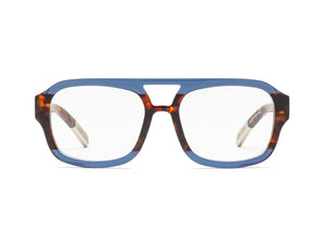 Introducing the CADDIS NETA READERS, a stylish and sustainable choice with rectangular lenses featuring blue frames. The arms showcase a chic tortoiseshell pattern made from bio-based acetate, complemented by beige interiors branded with text.