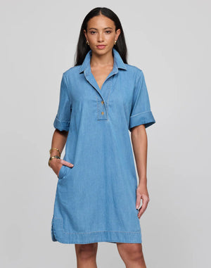 A woman with long dark hair, facing away, wears the HINSON WU - AILEEN Short Sleeve Denim Dress in light blue tencel, featuring a button-down back. She stands against a plain gray background.