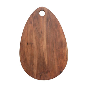 The ACACIA CHEESE BOARD WITH HANDLE by CREATIVE COOP is crafted from elegant acacia wood, featuring an oval shape with a small hole near the top. The natural grain pattern and smooth finish make it perfect for both serving cheese and general kitchen prep.