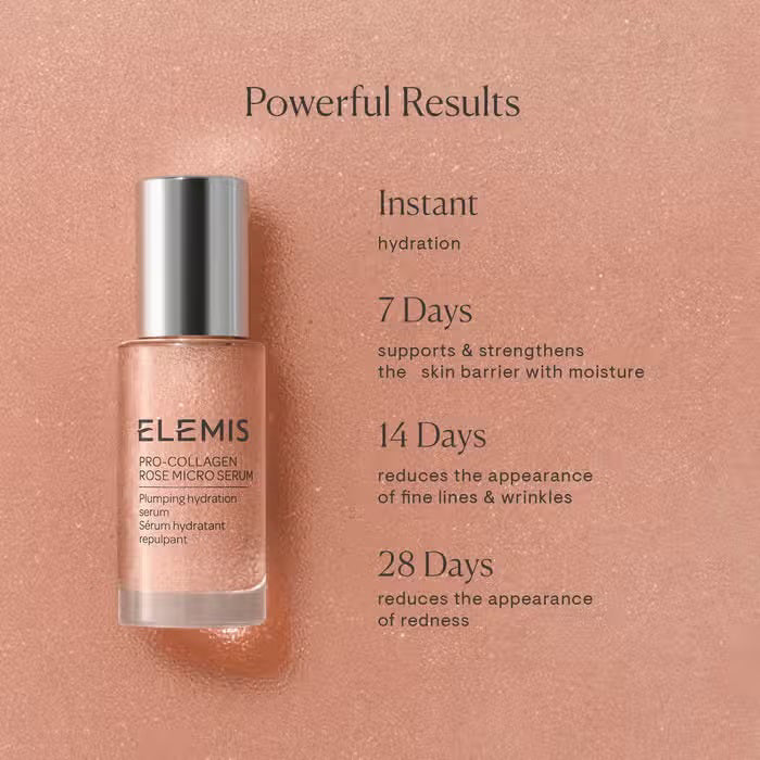 A bottle of ELEMIS - PRO-COLLAGEN ROSE MICRO SERUM by ELEMIS - STEINER, featuring a dual-phase formula, is displayed on a textured pink background. Text reads "Powerful Results" with benefits listed as: Instant hydration, in 7 days supports/strengthens the skin barrier, 14 days reduces fine lines, and 28 days reduces redness.