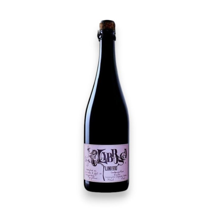 A dark wine bottle with a pink label reading &quot;LINI 910 LAMBRUSCO ROSE NV SPARKLING&quot; from Winebow, featuring decorative script and illustrations, hints at sparkling wine from Emilia-Romagna, displayed on a plain white background.