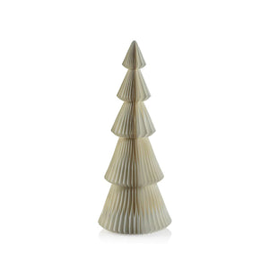 The WISH PAPER DECORATIVE TREE - APLINA 36IN by ZODAX is a stylish paper ornament styled like a Christmas tree, featuring layered, conical sections folded in a zigzag pattern. This beige ornament stands upright against a white background, adding charm to any setting. Its compact size makes it an ideal choice for small spaces, enhancing the versatility of your decor.