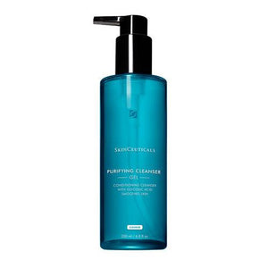 An image of a blue bottle of SKINCEUTICALS - PURIFYING CLEANSER by SKIN CEUTICALS. Featuring a black pump dispenser and clear white labeling, this conditioning cleansing gel contains glycolic acid for smoothing and purifying the skin.