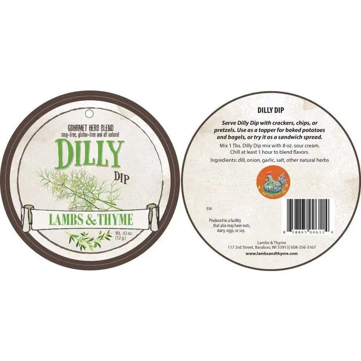 A round label for "LAMBS & THYME - DILLY DIP" featuring an illustration of dill and the text "LAMBS & THYME" is displayed in the foreground. The label emphasizes that it is free from MSG, gluten, and GMOs. In the background, there is a white container with a parsley plant growing out of it.