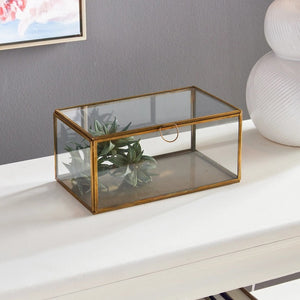 Introducing the ARWEN RECTANGULAR BOX by NAPA HOME AND GARDEN: a rectangular glass and brass box with a gold metal frame. Transparent on all sides, including the top, it features a small gold ring handle on the front. The frame's design is simple and elegant, perfect for showcasing mementos or collectibles as part of your Napa home decor.