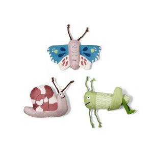 The FRINGE STUDIO - CATCH ME IF YOU CAN CAT TOY by PET SHOP BY FRINGE STUDIO features three plush toys on a white background: a butterfly with blue-pink wings, a pink-white snail, and a green grasshopper. Made from durable cotton canvas, these toys promise hours of interactive play.