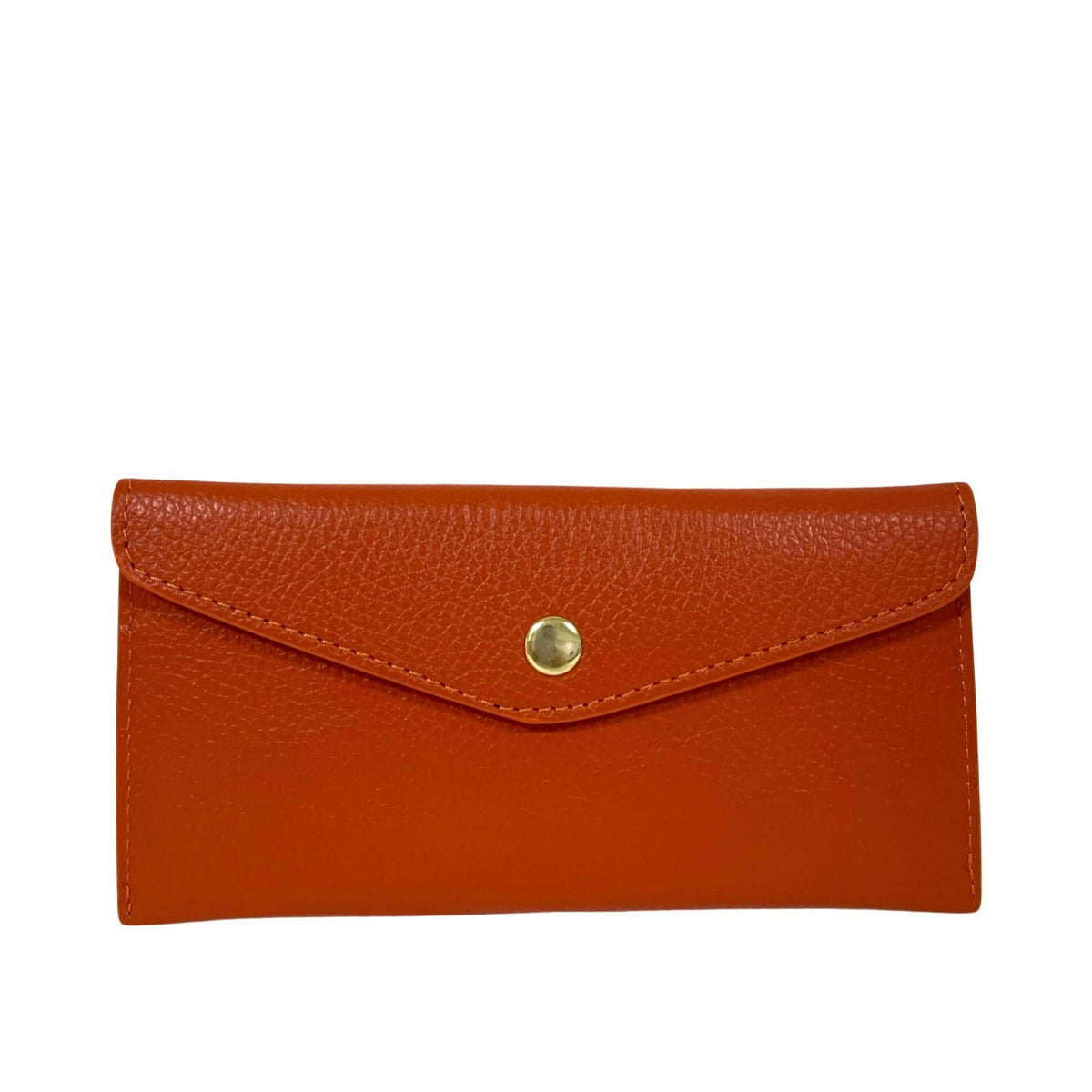 LE BORSETTE&#39;s LEATHER ENVELOPE STYLE WALLET in orange leather features a textured finish, a triangular flap, and a gold button closure, shown on a plain white background.