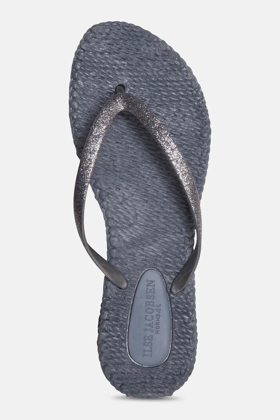 A pair of "CHEERFULL Flip Flops in Grey" by Lines of Denmark, featuring textured soles with dark blue straps, a slight shimmer, and a woven design on the footbed for enhanced comfort, are displayed against a plain white background.