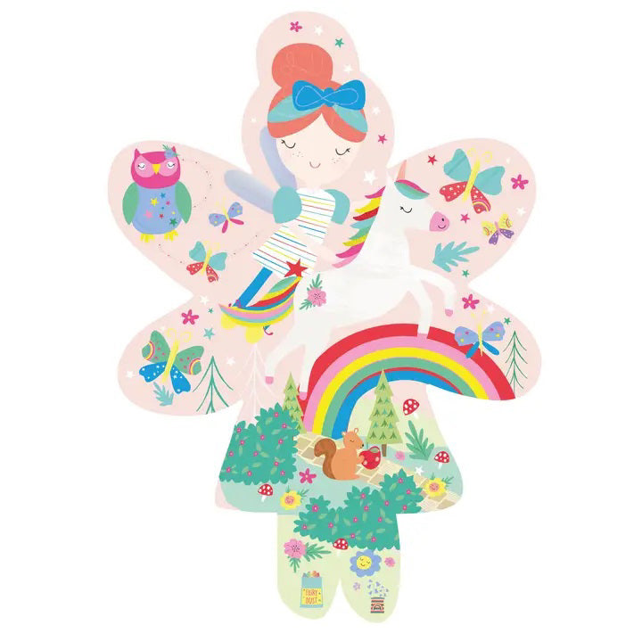 A vibrant, fairy-shaped box contains the 20-piece &quot;FLOSS AND ROCK - RAINBOW FAIRY JIGSAW PUZZLE.&quot; This puzzle by Floss &amp; Rock features a whimsical design with a fairy holding a rainbow, surrounded by flowers, mushrooms, unicorns, a smiling sun, and various playful elements. The brightly colored pieces make it an ideal choice for children ages 3 and up.