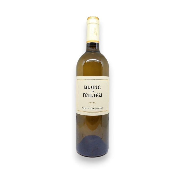 The &quot;ANGELUS BLANC DU MILIEU 2022&quot; by MONSIEUR TOUTON is elegantly styled with a white and gold capsule, exuding an aromatic nose. Its simple label with bold black text complements the Bordeaux wine&#39;s presentation against a plain white background.