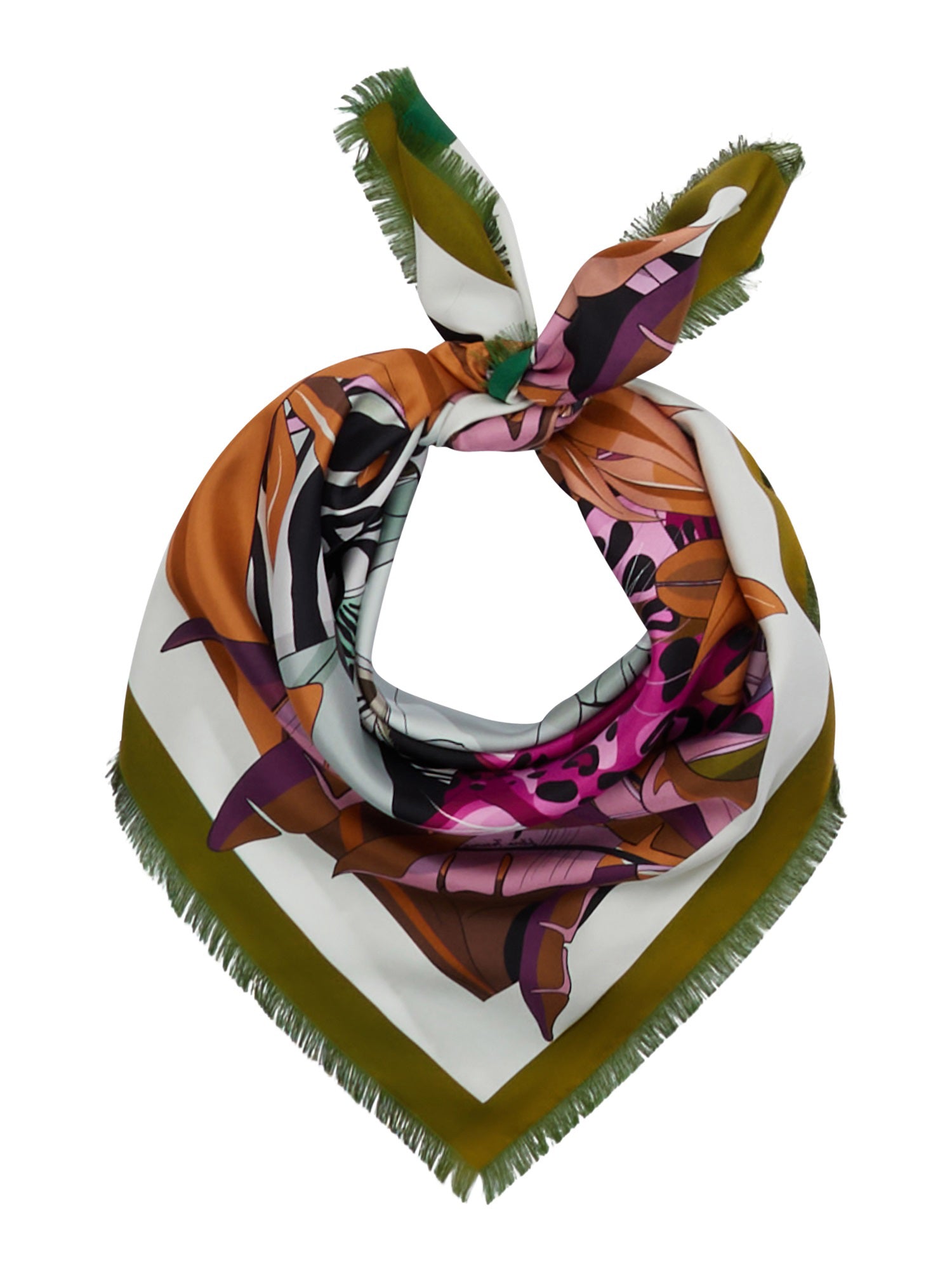 The FRANCO FERRARI - CIALDA DOUBLE SIDED FRINGE SILK SCARF 90CM, made of 100% silk, features a vibrant double-sided pattern in green, pink, orange, white, and brown hues. This colorful scarf can be folded into a triangle and tied at the top and is finished with fringed edges.