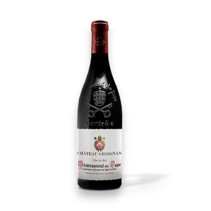 A bottle of WINE: ADVINTAGE GIGOGNAN CLOS DU ROI CHATEAUNEUF-DU-PAPE 2020 features a white label with gold and red accents, a crest, and text; it highlights classic Côtes du Rhône character and ripe red fruit notes.