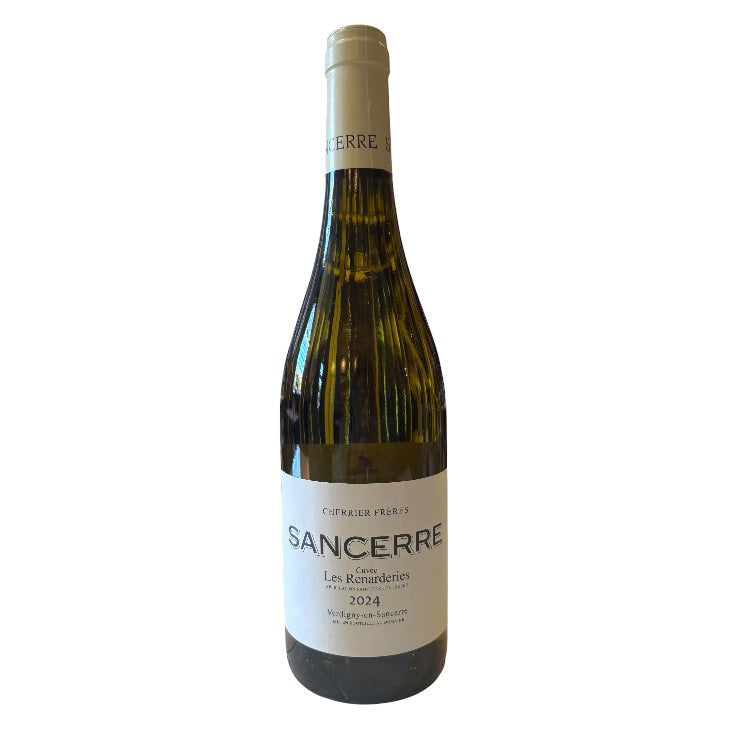 A bottle of CHERRIER FRÈRES &#39;LES RENARDERIES&#39; SANCERRE 2024 from WINE: KELLOGG SELECTIONS stands upright against a white background, featuring clear glass, a cream-colored foil top, and a simple white and silver label.