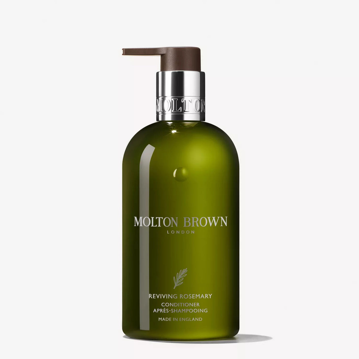 A green 300ml bottle of MOLTON BROWN Reviving Rosemary Conditioner with a pump and silver collar sits on a white background, featuring aromatherapy benefits and white and yellow text on the label.