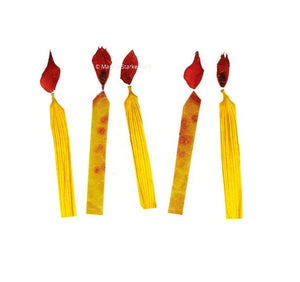 Five vibrant candle shapes in bright yellow with red flames stand out against a white background, resembling long, thin rectangles with pointed tops. This abstract and artistic design, featured on the CANDLES CARD by PETAL PEOPLE PRESS, evokes the delicate beauty of botanical art birthday cards.