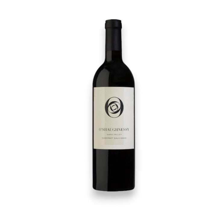 O&#39;SHAUGHNESSY CABERNET 2021 by WINE: WINEBOW has a white label with a circular black logo and &quot;Napa Valley Cabernet Sauvignon&quot; text. Featuring the finest Howell Mountain grapes, it is set against a plain white background.