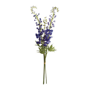 The NAPA HOME AND GARDEN - DELPHINIUM STEMS feature tall stems with vibrant blue blossoms and buds, tied together with a brown band. Green leaves accentuate the base, embodying purple perfection in their realistic design.