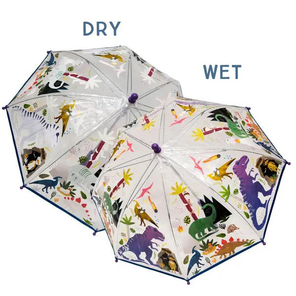 Two FLOSS &amp; ROCK umbrellas are showcased. The &quot;DRY&quot; version features faint dinosaur patterns, while the &quot;WET&quot; version has vibrant dinos. Both highlight a magic color-changing design with blue tips and handles that reveal playful dinos in the rain.