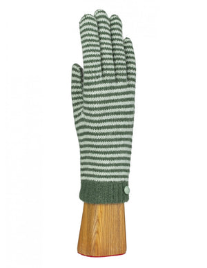 The WOOL AND ANGORA KNITTED GLOVES by SANTACANA MADRID WORLD GLOVE COMPANY, featuring horizontal blue and gray stripes and a small button detail near the wrist, are displayed on a wooden hand model. These gloves offer mobile phone compatibility with their angora-like design.