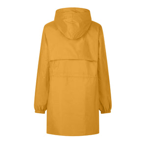 View of the SAVE THE DUCK - FLEUR Lightweight Rain Jacket from the back: a yellow, waterproof, hooded coat made from recycled polyester. It has long sleeves with elastic cuffs, a straight hem, and an overlapping flap detail on the upper back for added style and sustainability.