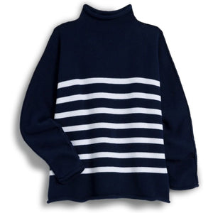 The FRANK & EILEEN Monterey rolled funnel neck sweater in Marine White Stripe boasts Italian cotton with a navy blue body and white horizontal stripes. When laid flat on a white background, its sleeves are slightly folded inward.