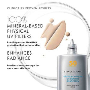 A silver bottle of Skin Ceuticals Physical Fusion Sunscreen SPF 50 with broad spectrum protection. The front label highlights its ability to even skin tone and features 100% mineral filters. The bottle has a 50 ml (1.7 fl oz) capacity.