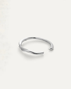 The JENNY BIRD COLETTE BANGLE, a sleek silver accessory with a subtle twist design and high-polish finish, is displayed on a light background.