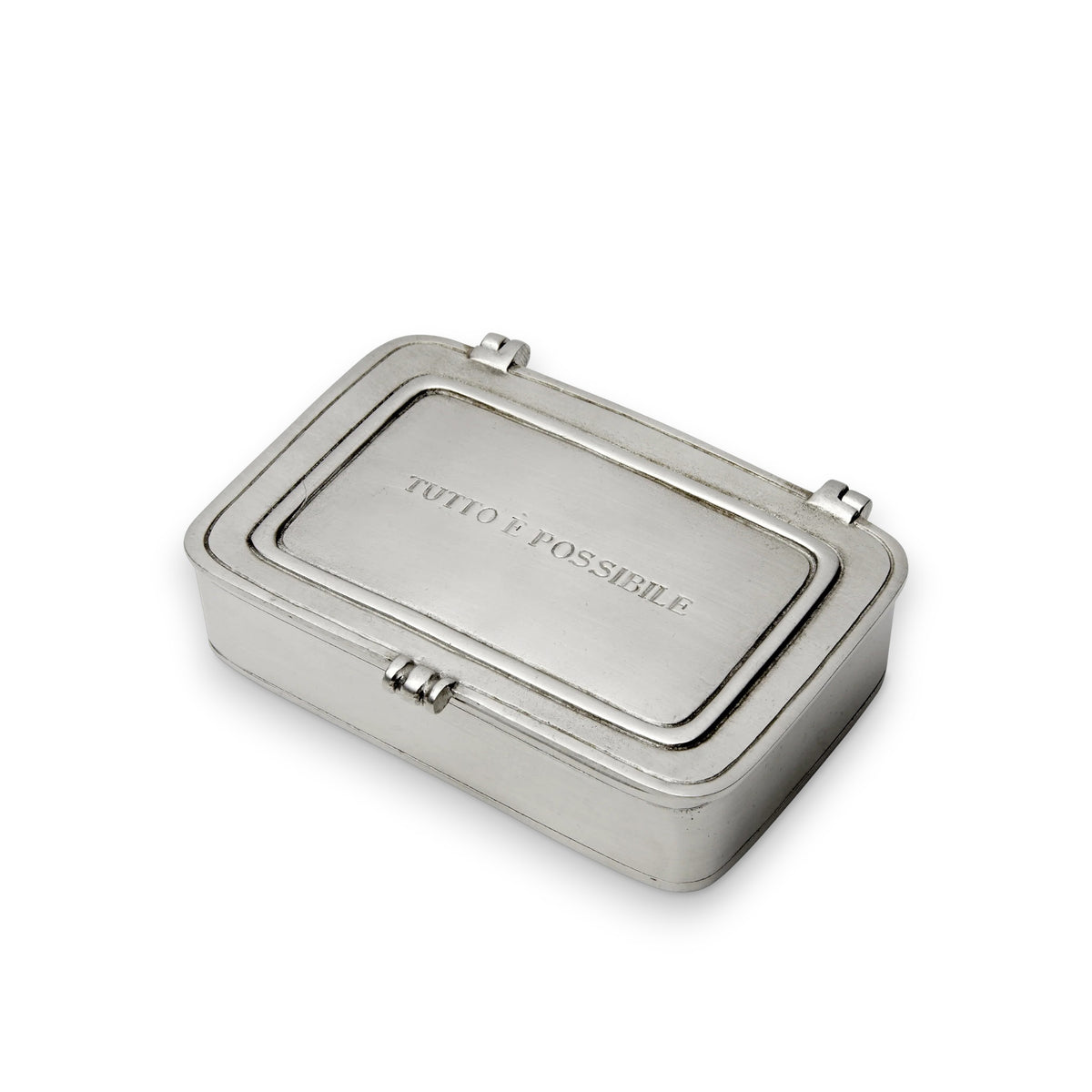 A large, rectangular MATCH TUTTO E POSSIBILIE BOX by MATCH with its lid open. &quot;TUTTO E POSSIBILIE&quot; is engraved inside the lid. The background is plain white.