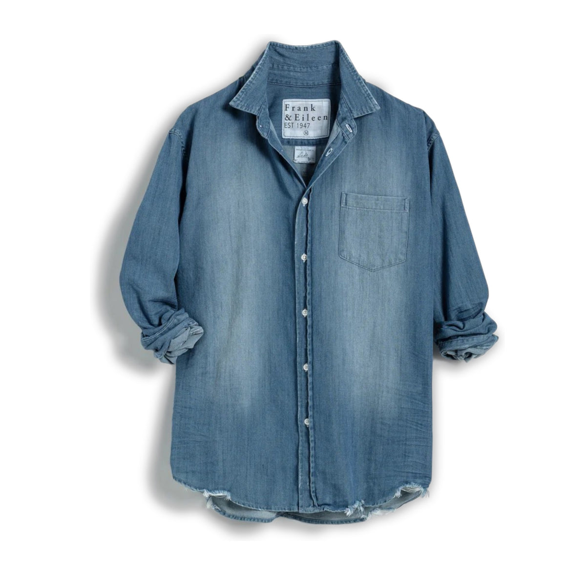 The FRANK &amp; EILEEN LUKE Men’s Famous Denim Distressed Vintage Wash button-up features long sleeves, a front pocket, rolled cuffs, relaxed fit, visible collar label, and comes in light blue Italian denim against a white background.
