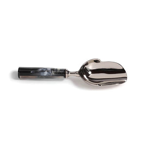 The ZODAX POLISHED NICKEL ICE SCOOP HORN HANDLE features a glossy, stainless steel finish with a shiny, elongated, slightly curved bowl and a dark, smooth cylindrical handle. Measuring 9.5 inches by 3.5 inches, this ice scoop boasts a modern and polished design suitable for both serving and cooking purposes.