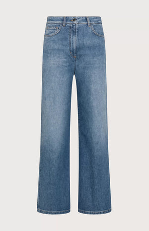 The SEVENTY VENEZIA High-Waisted Wide Leg Jeans from SEVENTY feature a high-waisted design and a wide-leg silhouette. These jeans include front and back pockets, a button and zipper fly closure, and a classic five-pocket design. The denim has a slightly worn, faded appearance.