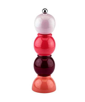 Introducing the Addison Ross London Bobbin Salt or Pepper Mill, a stylish modern mill with four stacked glossy spheres in red and pink shades, tapering to a metal cap. Crafted from durable rubberwood, it features a reliable ceramic grinder for perfect seasoning every time.