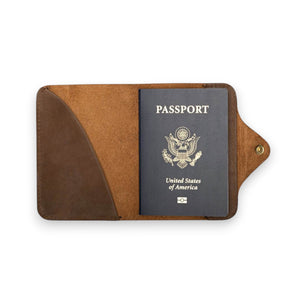 The WP STANDARD - LEATHER PASSPORT WALLET IN CHOCOLATE BROWN features stitched edges and a snap button closure, making it an ideal travel accessory. Shown here against a white background.