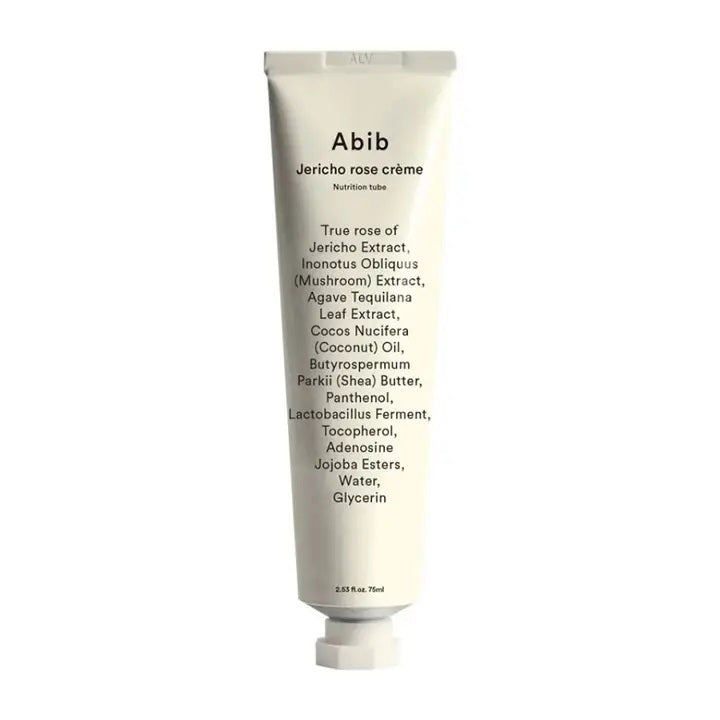 A white tube labeled &quot;COLLAGEN EYE CREME JERICHO ROSE&quot; by ASIAN BEAUTY WHOLESALE stands upright, its black text ingredient list featuring Jericho rose extract—highlighting this hydrating, vegan eye cream in a 30ml tube as a skincare essential.