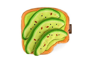 The BARKING BRUNCH MINI AVOCADO TOAST from PLAY PET LIFESTYLE is an adorable plush toy designed to resemble a slice of toast topped with green avocado slices, complete with black seeds and red pepper flakes. This brunch-themed pet toy features a small fabric tag on the right side, making it one of the most durable and charming options available for your furry friend.