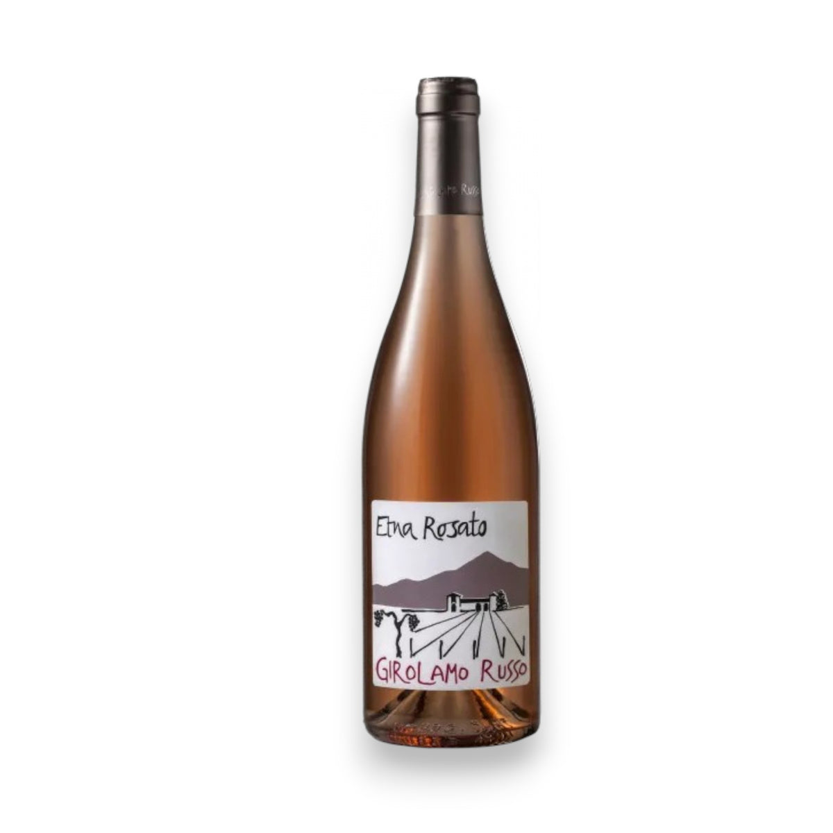 A clear bottle of GIROLAMO RUSSO ETNA ROSATO 2024 by WINE: HAW RIVER WINE MAN, filled with pink rosé and a white label showing a simple landscape illustration of mountains and vineyard rows.
