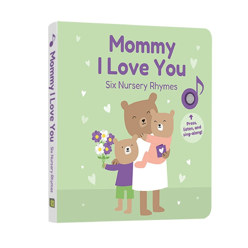 A children&#39;s book titled &quot;CALI&#39;S BOOKS - MOMMY I LOVE YOU NURSERY RHYMES&quot; by CALI&#39;S BOOKS, perfect as a Mother&#39;s Day gift. The cover features a mother bear hugging a baby bear, with another baby bear holding a bouquet of flowers. The background is light green with small heart patterns.