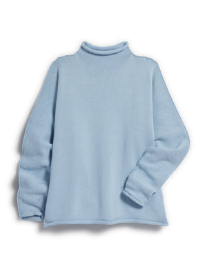 The FRANK & EILEEN Monterey Rolled Funnel Neck Sweater in Ice is crafted from Italian cotton and features rolled cuffs, a relaxed fit, and long sleeves. This light blue turtleneck is displayed on a plain white background and is machine-washable for easy care.