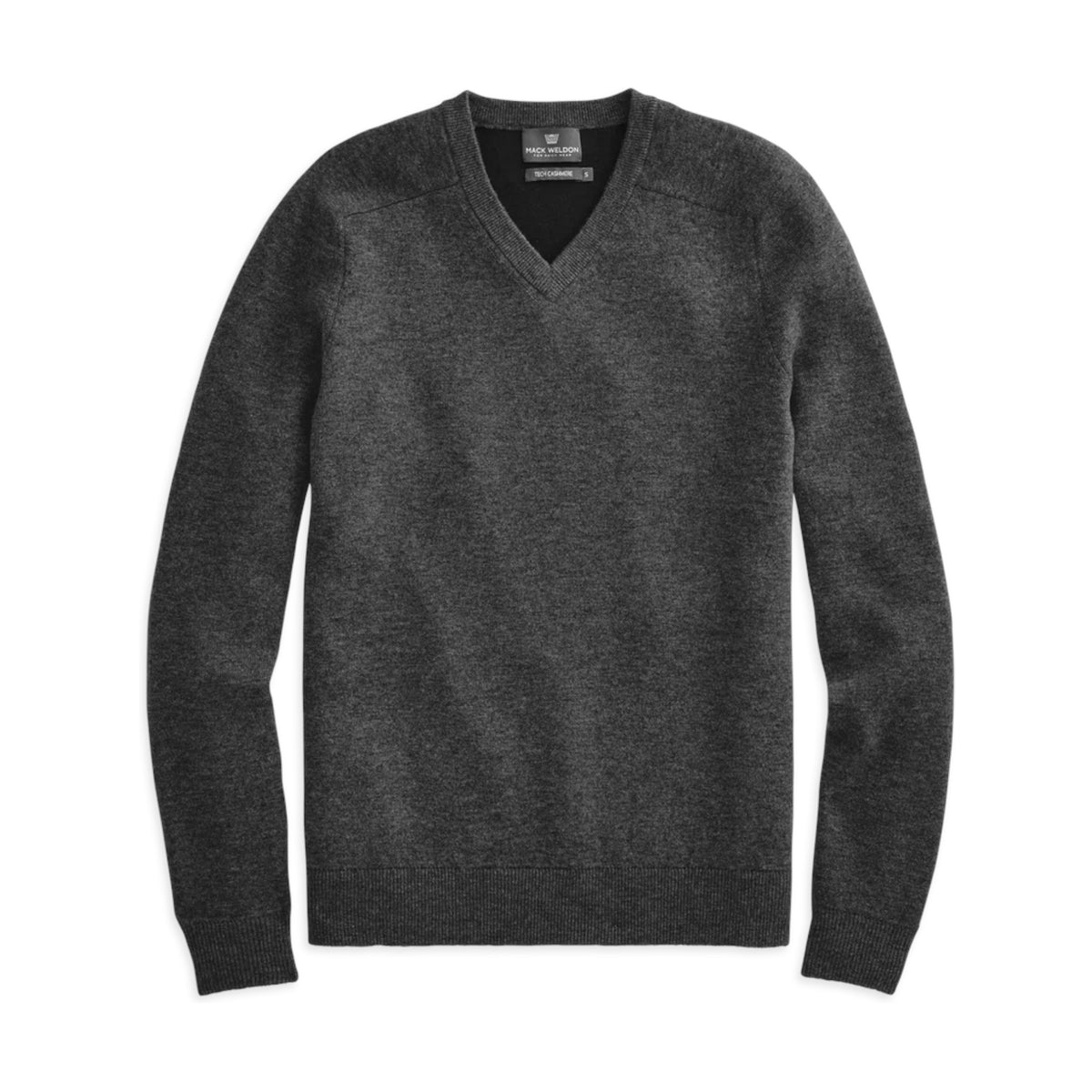 The MACK WELDON TECH CASHMERE V-NECK SWEATER in heathered charcoal features long sleeves, ribbed cuffs and hem, and a classic design for luxurious comfort. Sweater is shown laid flat on a white background.