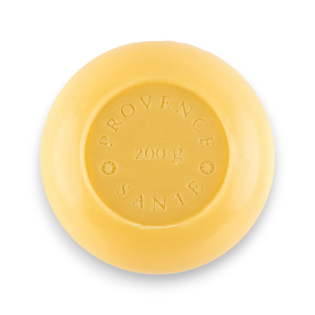 A round, yellow bar of French-milled soap with the text "BAUDELAIRE 7oz" embossed in the center. Enriched with shea butter, this smooth, shiny bergamot soap boasts a simple and elegant circular design.