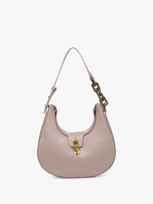 The TWIST LOCK SHOULDER BAG by JEN & CO, a white hobo crafted in vegan leather with a curved design, features a gold twist-lock closure and a chunky gold chain detail on one side of the strap, set against a plain light background.